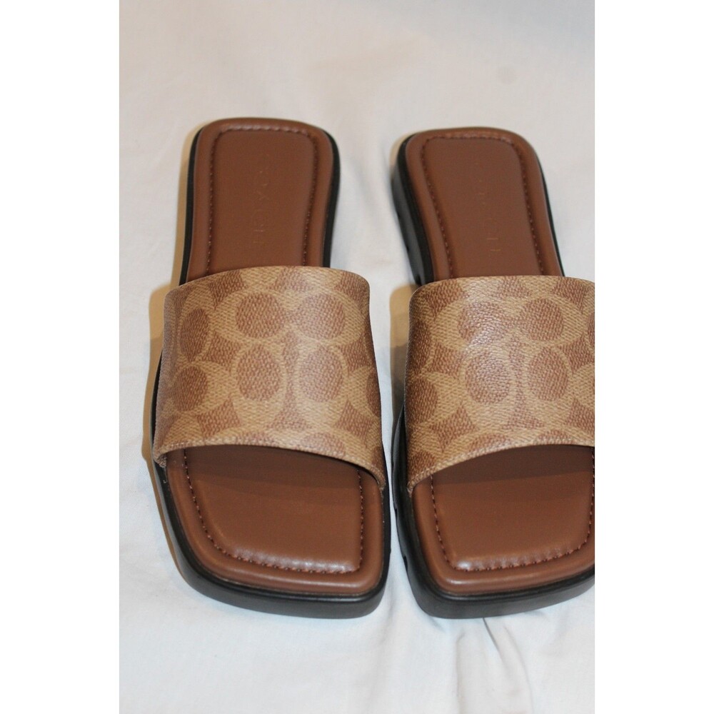 COACH Women Florence Printed C Lug-Sole Slip-On Slide Flat Sandals Khaki Tan 6 - Picture 5 of 6